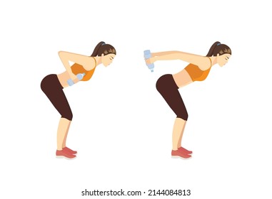 Woman doing exercise with Bent Over Water Bottle Fly. Illustration about Fitness with lightweight equipment.