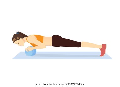 Woman doing exercise by Medicine ball half plank on mat. Workout for abdominal and reduce belly fat and six-pack with light gym equipment.