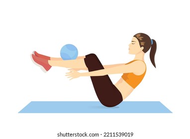 Woman doing exercise by Medicine ball boat balance. Hold the med ball on legs by shins parallel to the floor for 30 seconds