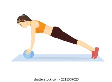 Woman doing exercise by Medicine ball full plank on mat. Workout for abdominal and reduce belly fat and six-pack with light gym equipment.