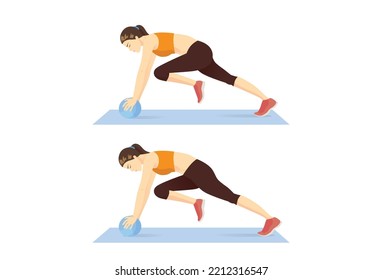 Woman doing exercise by Medicine ball mountain climber. Start in Plank position with hands on the ball, Draw right and left knee in toward the chest alternately. 