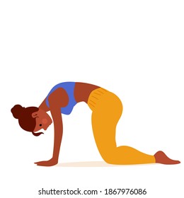 Woman doing Exercise Cow pose, stretching back muscle and promoting spinal flexibility. Workouy female athlete cartoon illustration