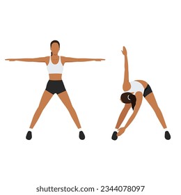 Woman doing exercise with cross body toe touches in 2 Step. Back Stretch. Flat vector illustration isolated on white background