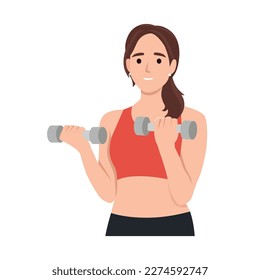 a woman is doing exercise with dumbbell. Flat vector illustration isolated on white background