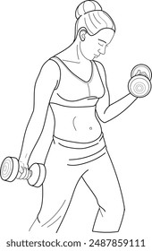 woman is doing exercise with dumbbell, Hand drawn in thin line style