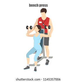Woman doing exercise with dumbbells. Fitness trainer helps girl lifting weighs. Muscle building and arm workout. Healthy lifestyle and athletic body concept. Isolated vector illustration