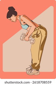 Woman doing exercise with dumbbells. Poster, postcard, banner. Vector illustration.