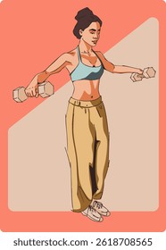 Woman doing exercise with dumbbells. Poster, postcard, banner. Vector illustration.