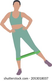 Woman doing exercise with fitness elastic band on white background. Vector illustration