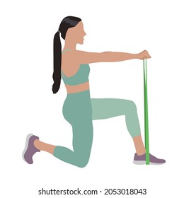 Woman doing exercise with fitness elastic band on white background. Vector illustration