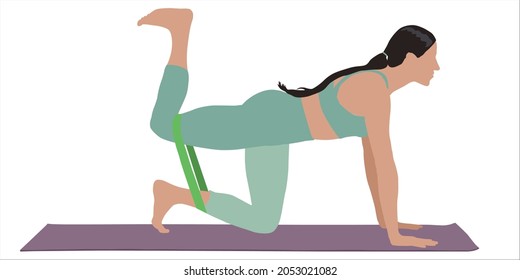 Woman doing exercise with fitness elastic band on white background. Vector illustration