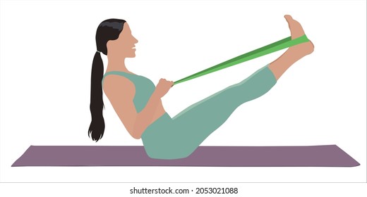 Woman doing exercise with fitness elastic band on white background. Vector illustration