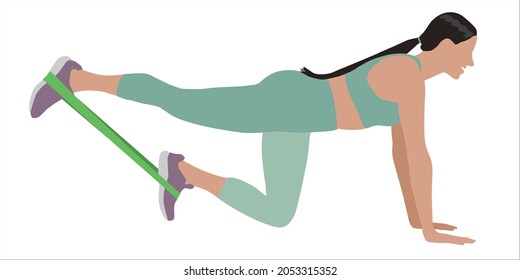 Woman doing exercise with fitness elastic band on white background. Vector illustration