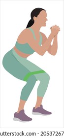 Woman doing exercise with fitness elastic band on white background. Vector illustration