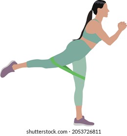 Woman doing exercise with fitness elastic band on white background. Vector illustration