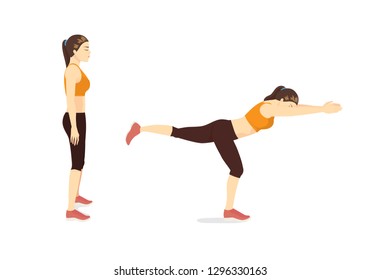 Woman doing Exercise guide by Single Leg Reach in 2 step. Illustration about workout posture.