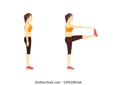 Woman doing Exercise guide by Walking High Kicks in 2 step. Illustration about workout posture.