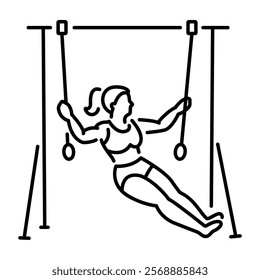 A woman doing exercise with gymnastic rings icon in line style 