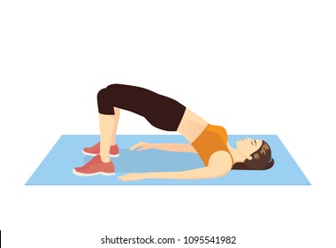 Woman doing exercise with Hip lift for firming her body. Illustration about butt workout.