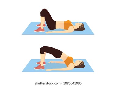 Woman doing exercise with Hip lift for firming her body. Illustration about step of butt exercise.