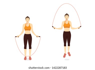 Woman doing Exercise with Jump skipping Rope in 2 step. Illustration about workout with lightweight equipment.