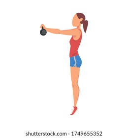 Woman Doing Exercise Lifting Kettlebell, Girl Doing Sports Firming her Body, Buttock Workout Vector Illustration on White Background