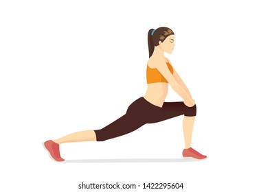 Woman doing exercise with Low Lunge Pose. Illustration about hip Flexor Stretching.