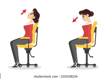 Woman doing exercise for neck stretch sitting on the chair in office. Workout during the break. Stretching shoulder. Body relaxation. Vector illustration in cartoon style