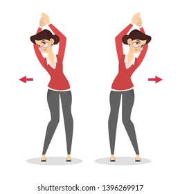 Woman doing exercise in office. Workout during the break. Stretching back. Body relaxation. Vector illustration in cartoon style