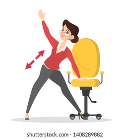 Woman doing exercise in office. Workout during the break. Stretching back. Body relaxation. Vector illustration in cartoon style