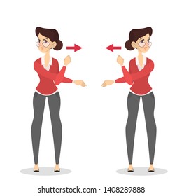 Woman doing exercise in office. Workout during the break. Stretching back. Body relaxation. Vector illustration in cartoon style