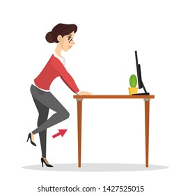 Woman doing exercise in office. Workout during the break. Stretching leg. Body relaxation. Vector illustration in cartoon style