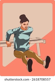 Woman doing exercise on bench. Poster, postcard, banner. Vector illustration.