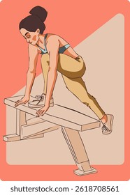 Woman doing exercise on bench. Poster, postcard, banner. Vector illustration.