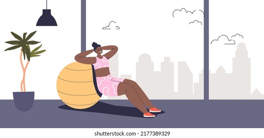 Woman doing exercise on rubber ball in gym. Young female on fitness training for lose weight. Workout, health and wellness concept. Carton flat vector illustration