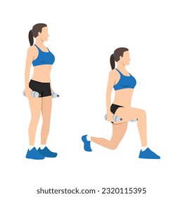 Woman doing exercise in Reverse Lunge pose with a water bottle. Flat vector illustration isolated on white background