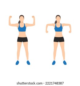 Woman doing doing exercise - scarecrow arms elbow shoulder rotations. Flat vector illustration isolated on white background