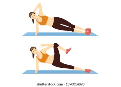 Woman doing Exercise with Side Plank Crunch in 2 Step on blue mat. Illustration about abs workout motivation.