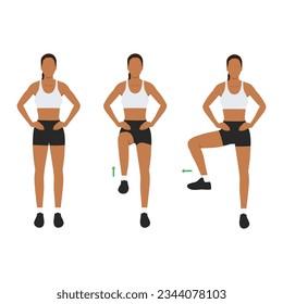 Woman doing exercise with Single leg hip Rotation posture. Hip and leg. Flat vector illustration isolated on white background