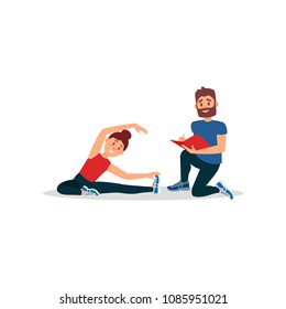 Woman doing exercise sitting on floor. Coach writing notes in folder. Young girl warming-up before training. Flat vector design