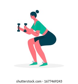 Woman doing exercise squat with dumbbells in sportswear. Woman get perfect butt and legs with exercise. Weight loss. Healthy lifestyle. Woman activities. Vector illustration in flat cartoon style.