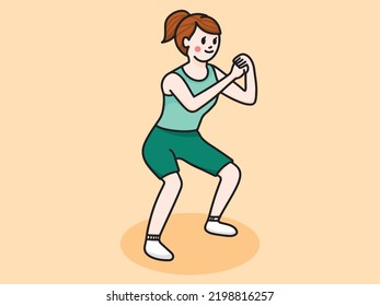 woman doing exercise, squats, hand drawn, vector illustration.