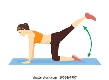 Woman doing exercise with Straight Leg Donkey Kick posture on yoga mat. Illustration about workout to target at leg, spine, and abdominal muscles.