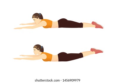 Woman doing exercise with Super hero flying position on the floor in 2 step for guide. Illustration about Workout diagram. 