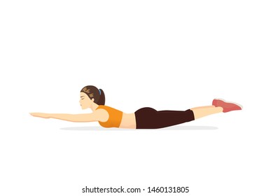 Mujer haciendo ejercicio con posición de vuelo super héroe en el suelo. Ilustración del ejercicio de extensión posterior