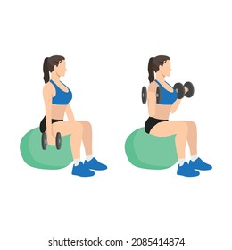 Woman doing exercise Swiss ball bicep curls with dumbbell. Flat vector illustration isolated on different layer. Workout character