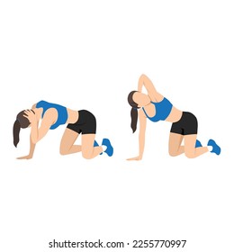 Woman doing exercise in thoracic rotation pose or quadruped rotation. Flat vector illustration isolated on white background