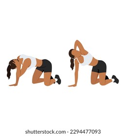 Woman doing exercise in thoracic rotation pose or quadruped rotation. Flat vector illustration isolated on white background