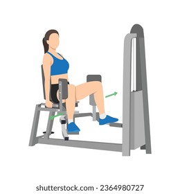 Woman doing exercise using Abductor thigh machine. Abductor workout. Flat vector illustration isolated on white background