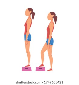 Woman Doing Exercise Using Steps Platform in Two Steps, Girl Doing Sports Firming her Body, Buttock Workout Vector Illustration on White Background